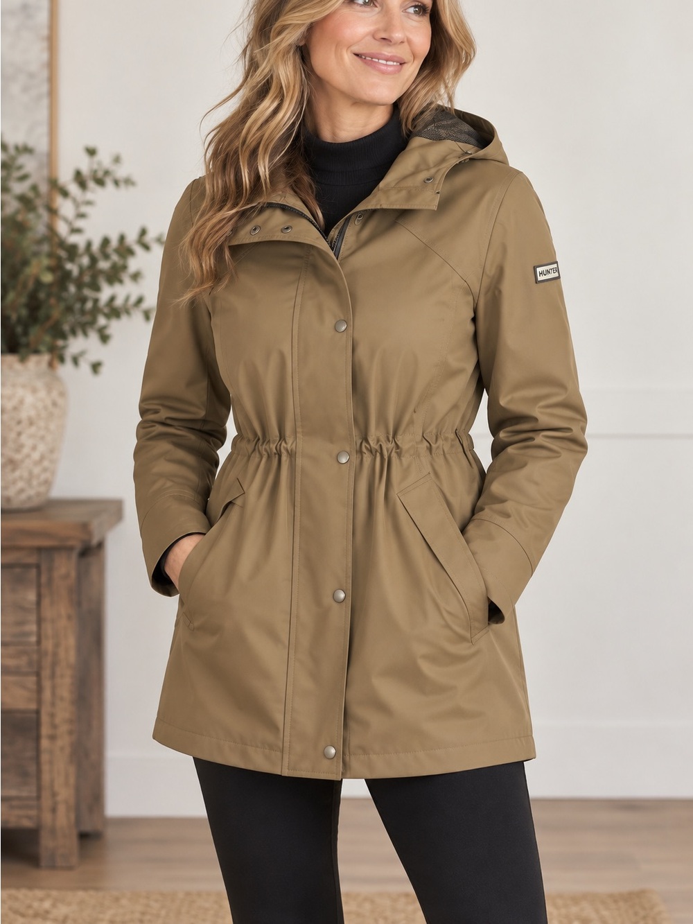 Hunter Tan Hooded Trench Coat with Waterproof Shell